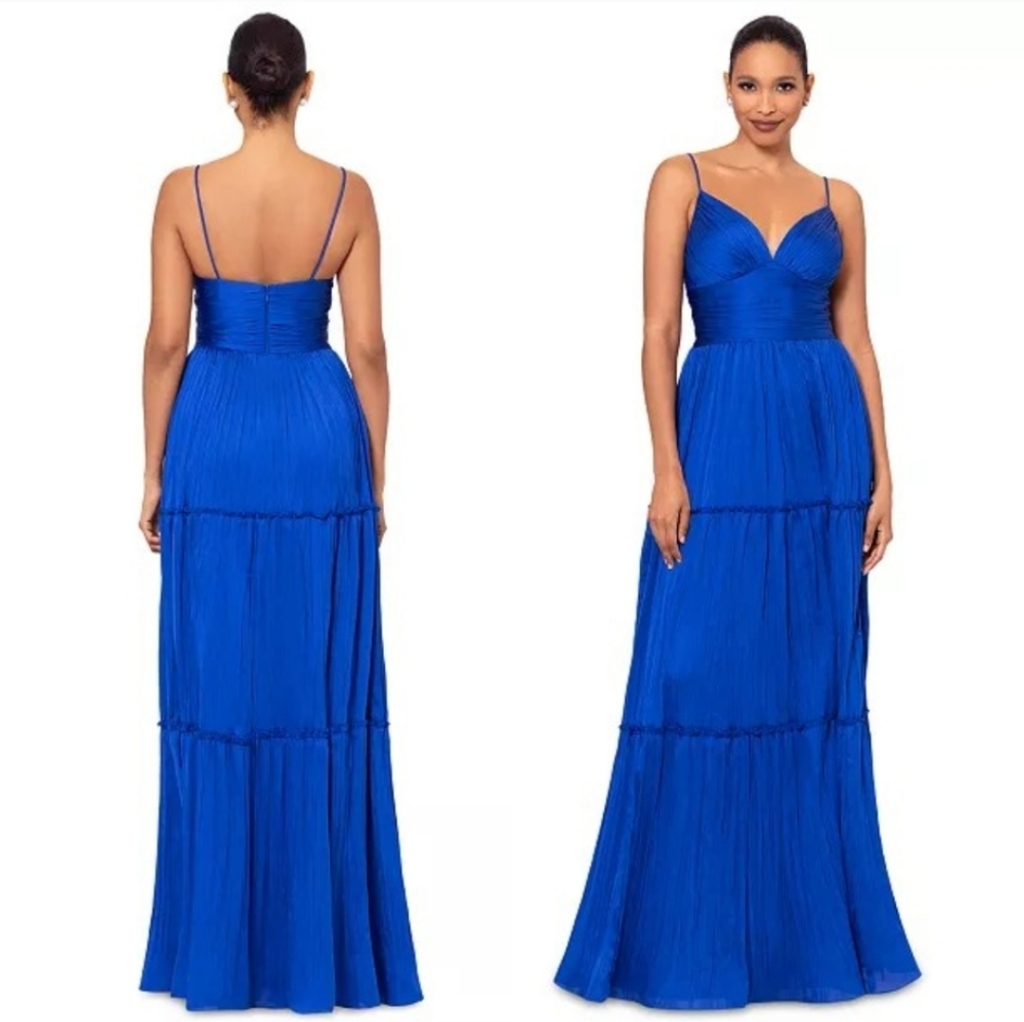 Betsy & Adam Women's Blue V-Neck Pleated Tiered Gown Dress Size 4
